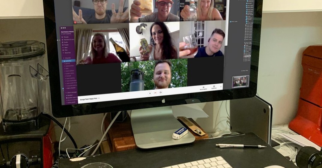 A computer screen with seven people in a google video chat.
