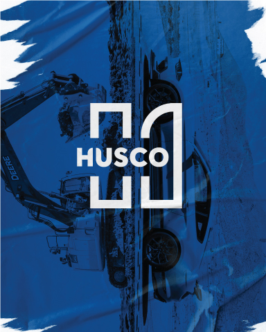 The husco logo against a blue background.