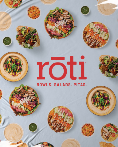 A graphic that says roti bowls, salads, pitas.