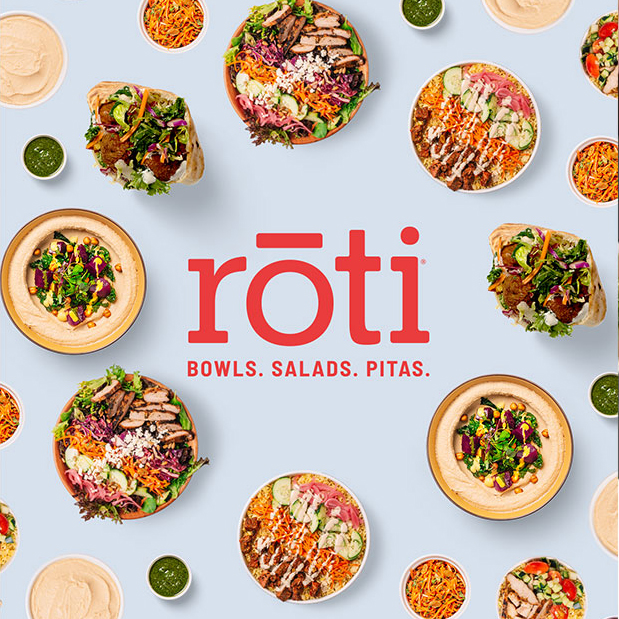 A graphic that says roti: bowls, salads, pitas.