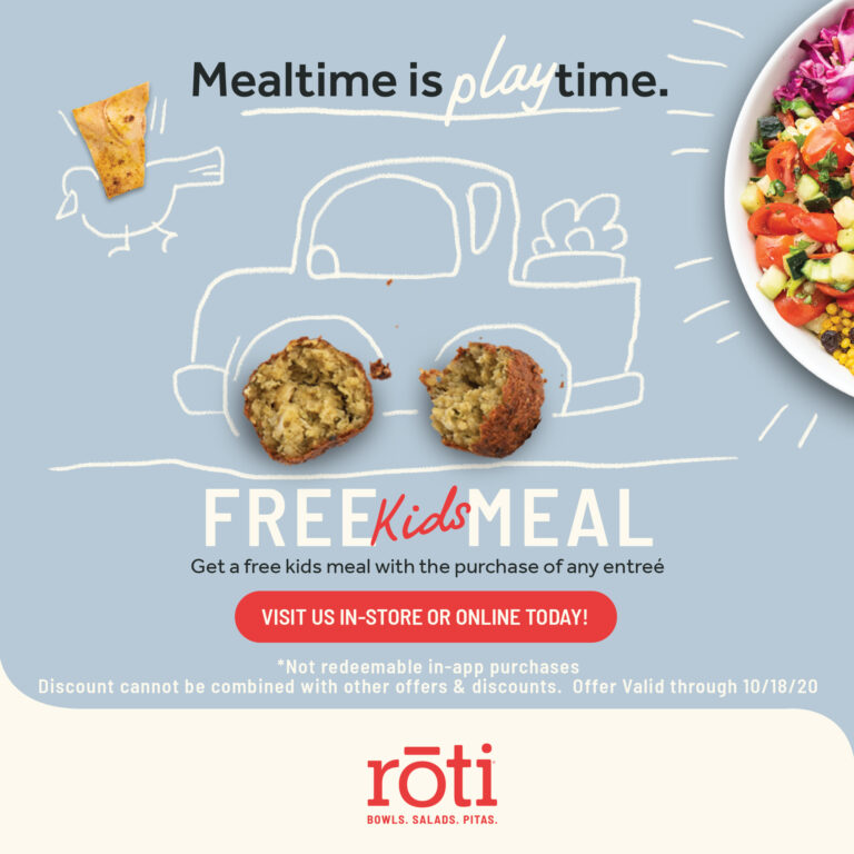 A graphic that says mealtime is playtime: free kids meal.