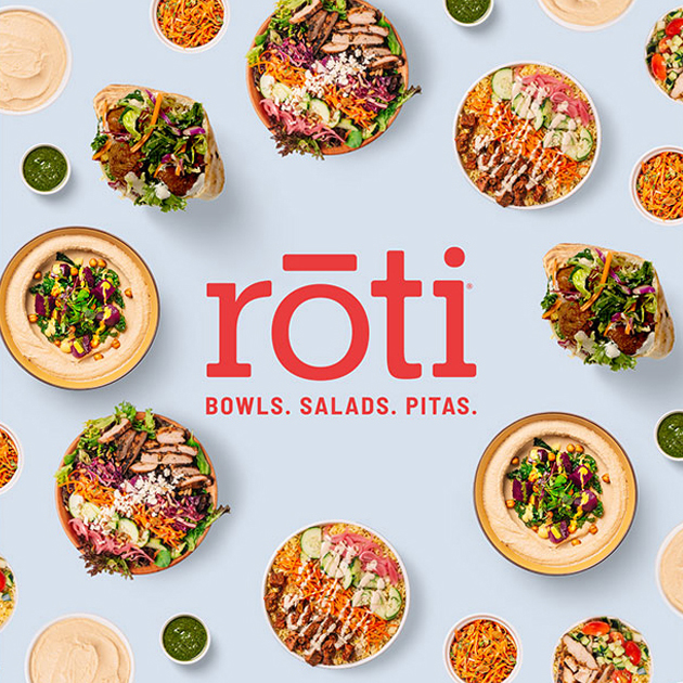 Mediterranean bowls surrounding the text roti: bowls, salads, pitas.