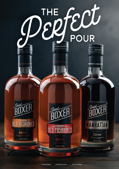 The Brandy and Bourbon SoulBoxer Old Fashioned next to the Manhattan with the text The Perfect Pour behind it.