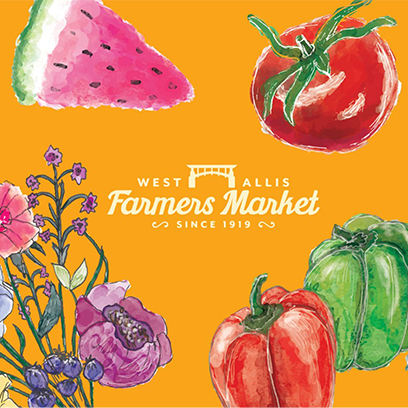 A graphic promoting the west allis farmer's market.