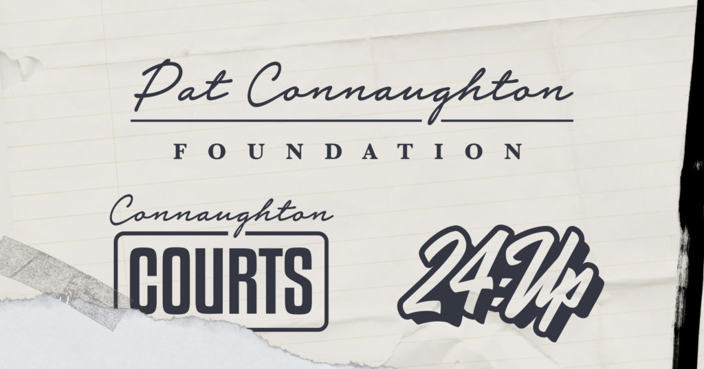 A collage of the pat connaughton foundation, connaughton courts, and 24:Up logos.