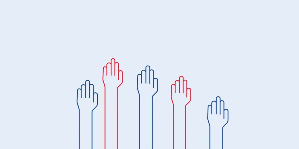 A drawing of blue and red hands in the air.