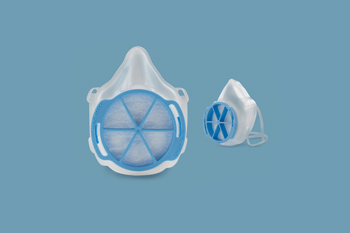 Two maskforce masks against a blue background.
