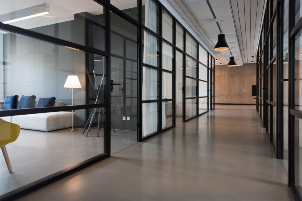 The inside of a modern office.