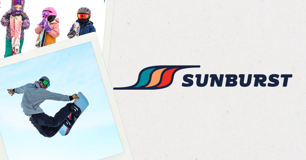 The new sunburst logo next to two polaroids of someone snowboarding and kids with ski's.