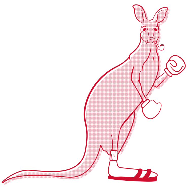 A graphic of a kangaroo wearing boxing gloves and smoking a pipe.