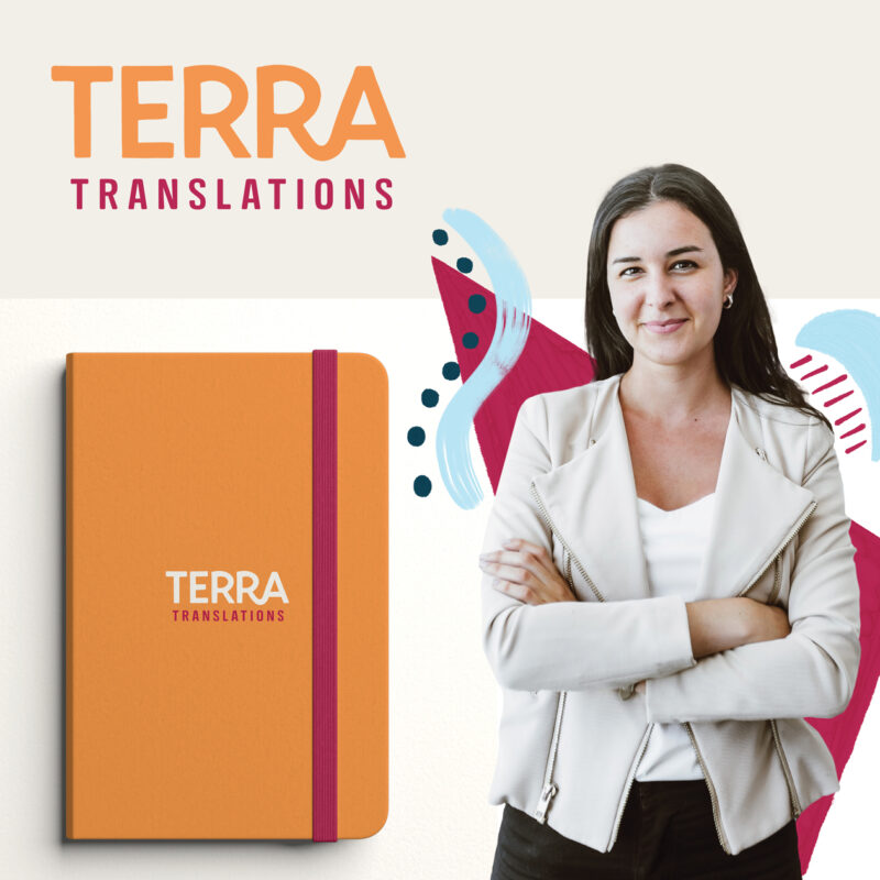 A terra translations employee with her arms crossed next to the terra brand.